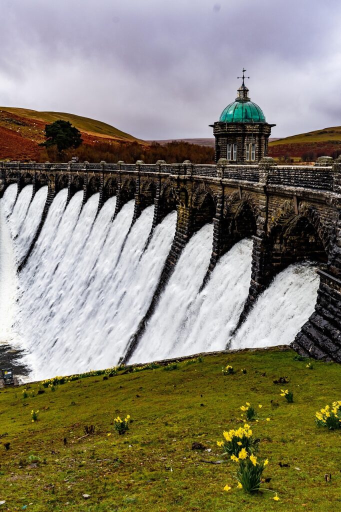 dam, reservoir, overflow, landscape, daffodils, nature, mountains, countryside, claerwen, powys, wales